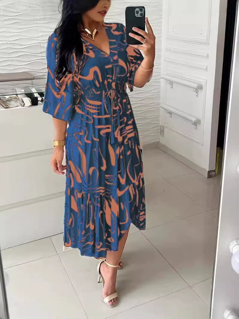Summer Bohemian Women Print Midi Dress – V-Neck, Half Sleeve, High Elastic Waist A-Line Dress